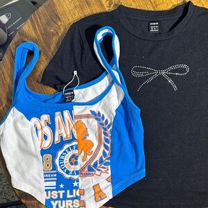 SHEIN Black Rhinestone Tee and Blue Graphic Camisole